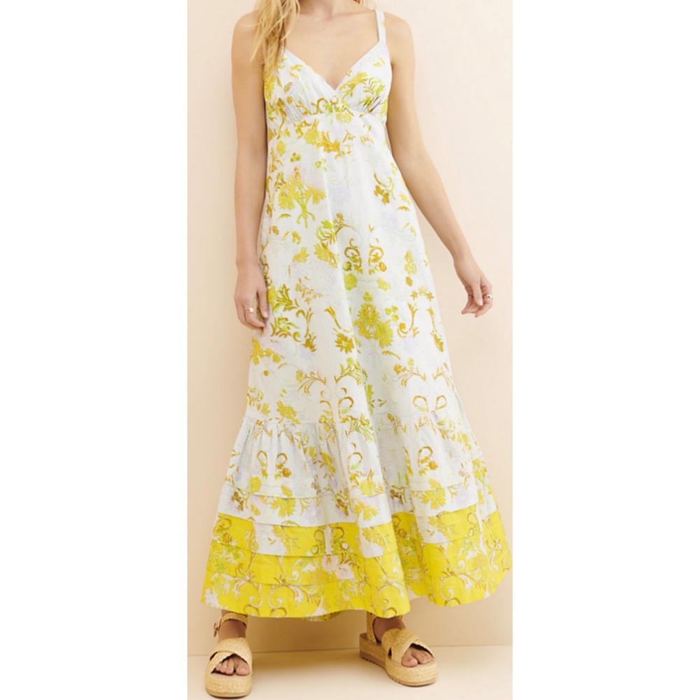 Anthropologie‎ Solenne flounced maxi dress light blue yellow floral tiered 8 P